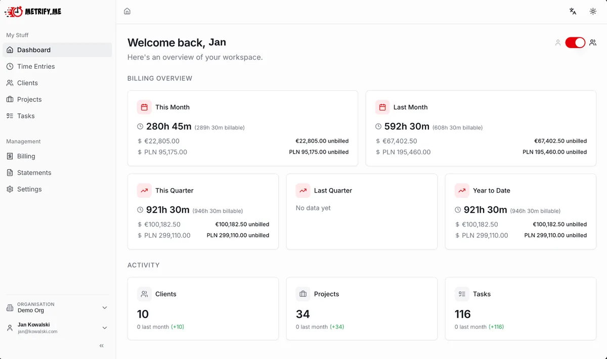 Screenshot: the Metrify dashboard with hour billing per client and matter