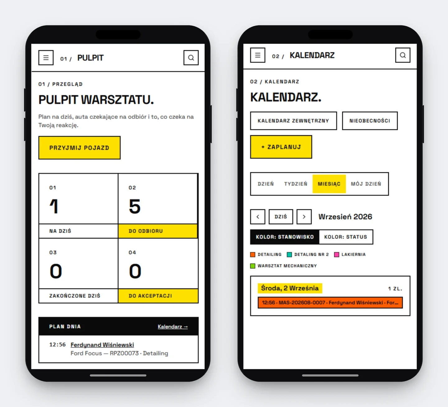 Screenshot: Car Service workshop dashboard with the daily plan and bay calendar