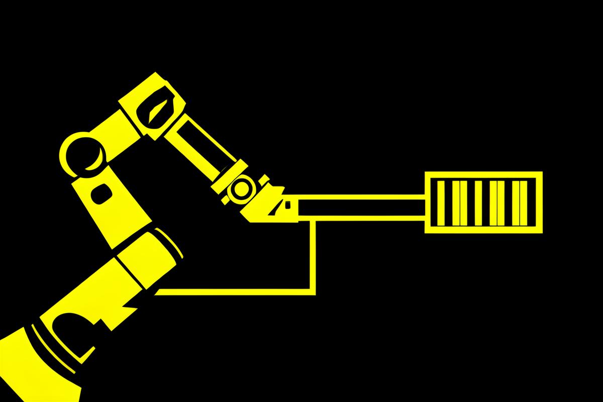 Illustration: a robot arm on a decision flowchart with a stop gate