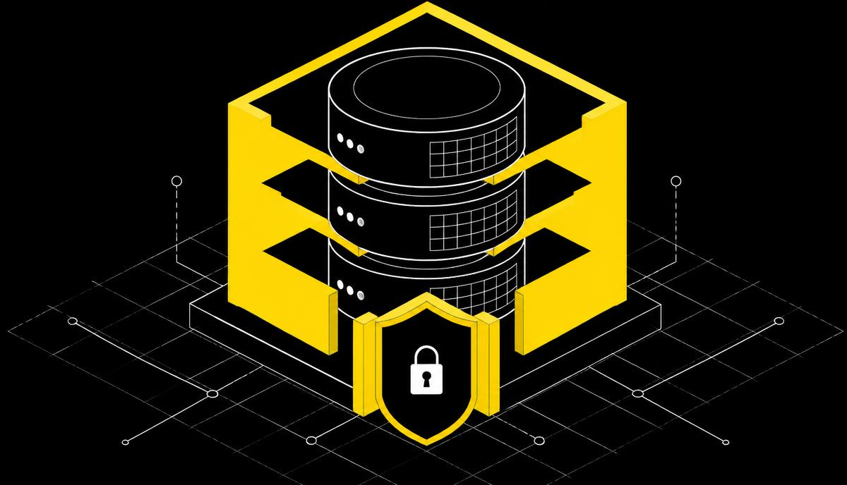 Illustration: an isometric database split by yellow partition walls with a padlock gate